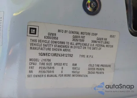 1997 Chevrolet Tahoe C1500 z USA, uszkodzony, nr VIN 1GNEC13R2VJ412782